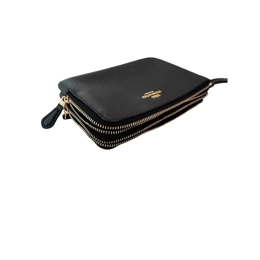 Coach Double Corner Zip Wristlet Pebbled Leather Midnight Navy NEW